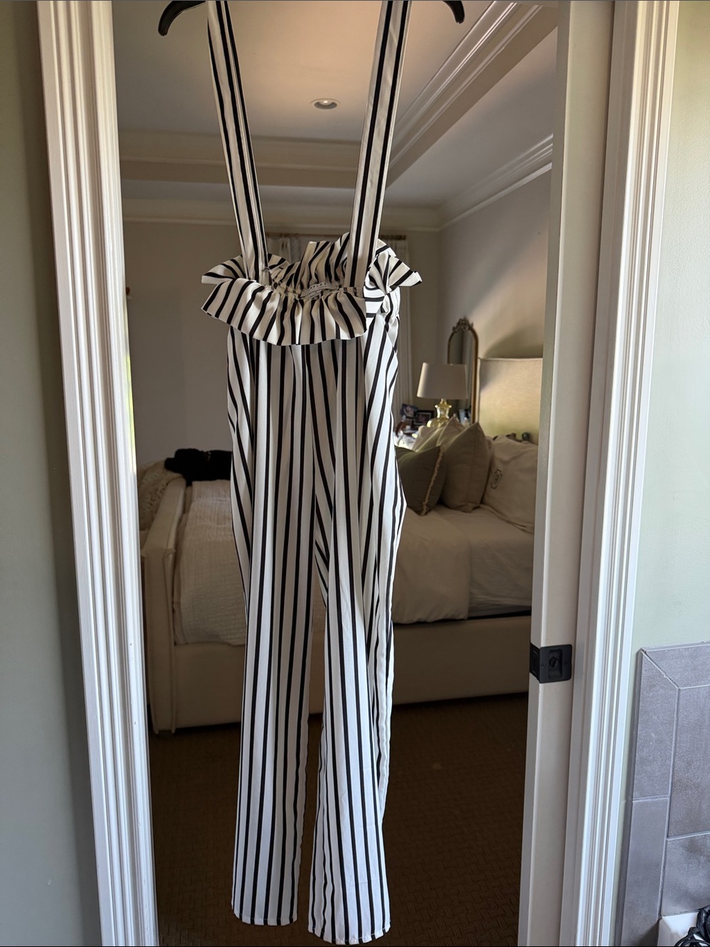 FAVLUX Black & White Vertical Stripe Ruffle Strap Jumpsuit